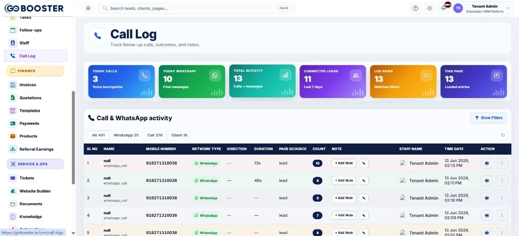 GoBooster CRM — Call Log & WhatsApp
