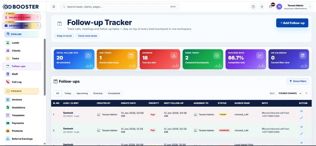 GoBooster CRM — Follow-up Tracker